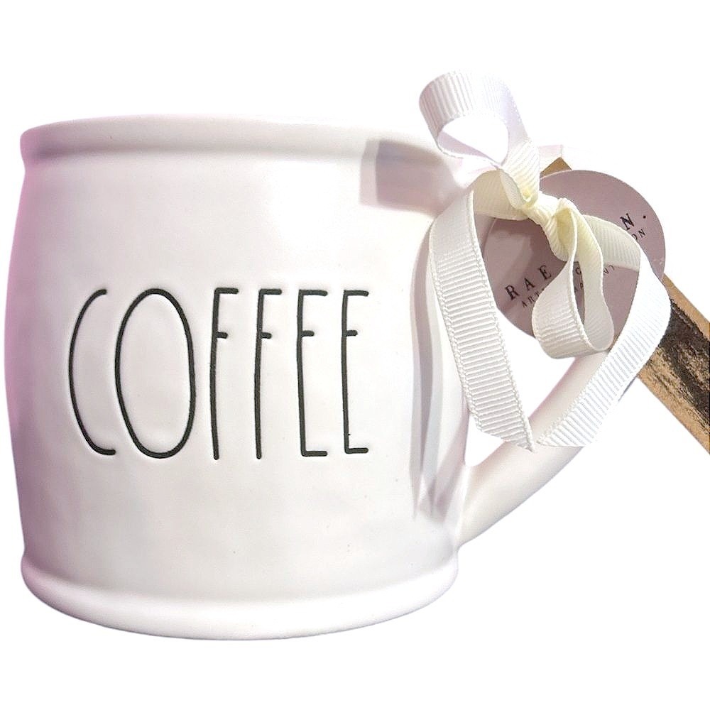 Rae‎ Dunn "COFFEE" White Wide Mouth Ceramic Coffee Mug 4x4"